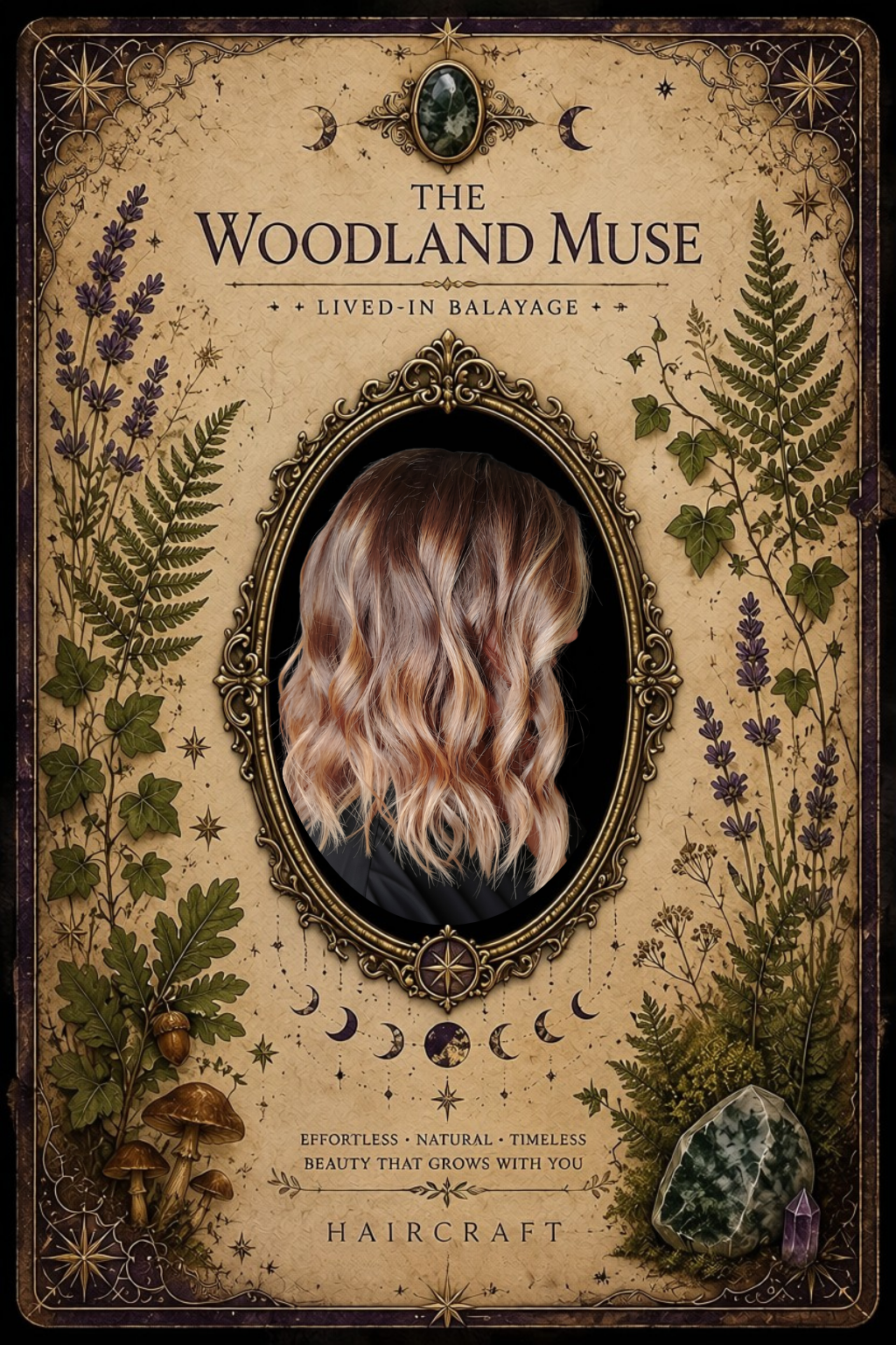 The Seer consultation service card featuring a hair color swatch book, botanical elements, and ornate tarot-inspired artwork.