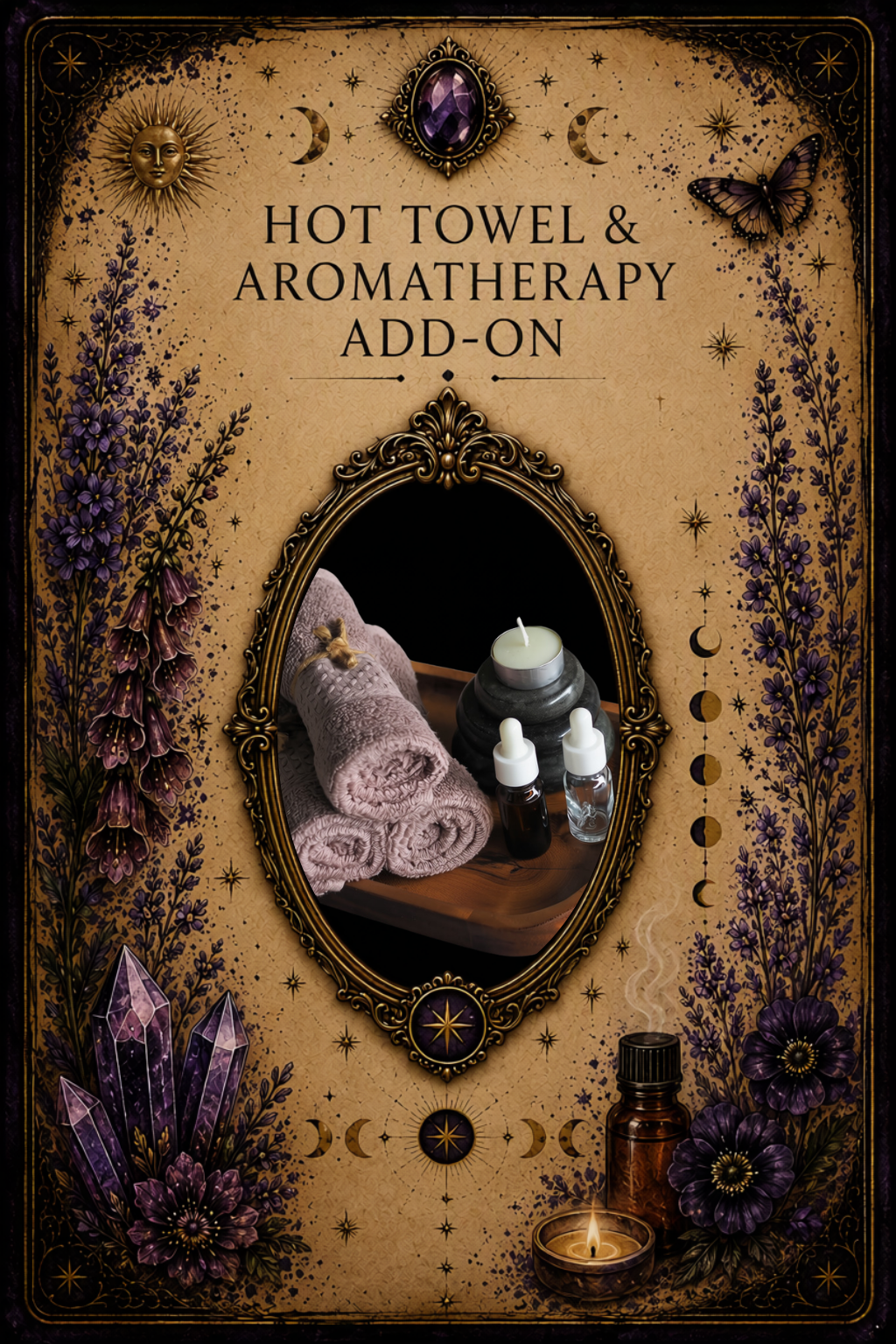 Hot Towel & Aromatherapy Add-On aftercare guide card featuring rolled spa towels and aromatherapy oils, relaxation and self-care ritual education, crystal accents, botanical elements, and ornate tarot-inspired artwork.