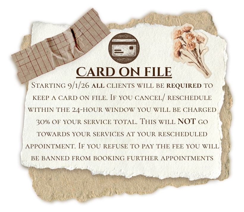 HairCraft card on file policy outlining cancellation charges, rescheduling terms, and appointment booking requirements.