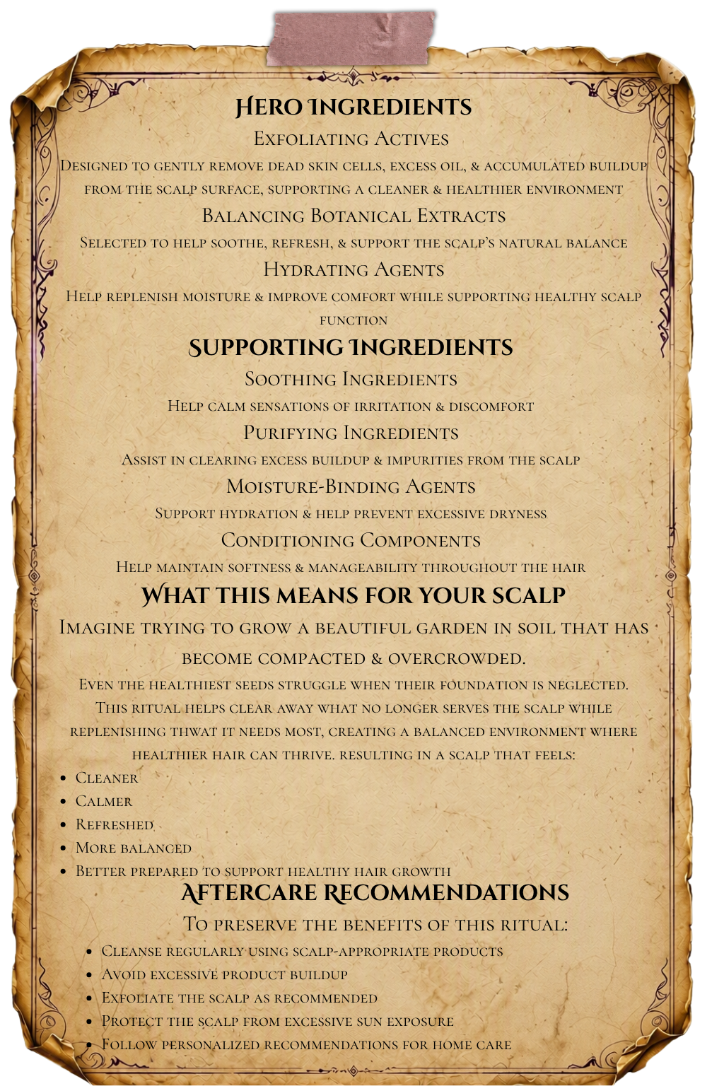 HeadLab Scalp Treatment alchemy notes explaining scalp purification benefits, treatment limitations, Earth correspondences, renewal symbolism, and support for a healthier scalp environment.