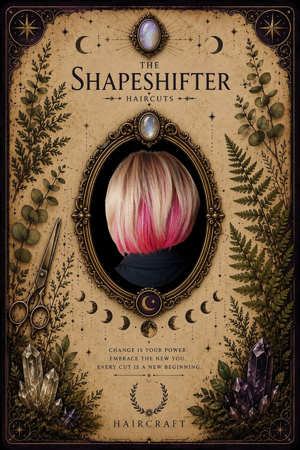 The Shapeshifter haircut service card featuring a precision bob haircut with vivid pink accents, crystal elements, botanical details, and ornate tarot-inspired artwork.