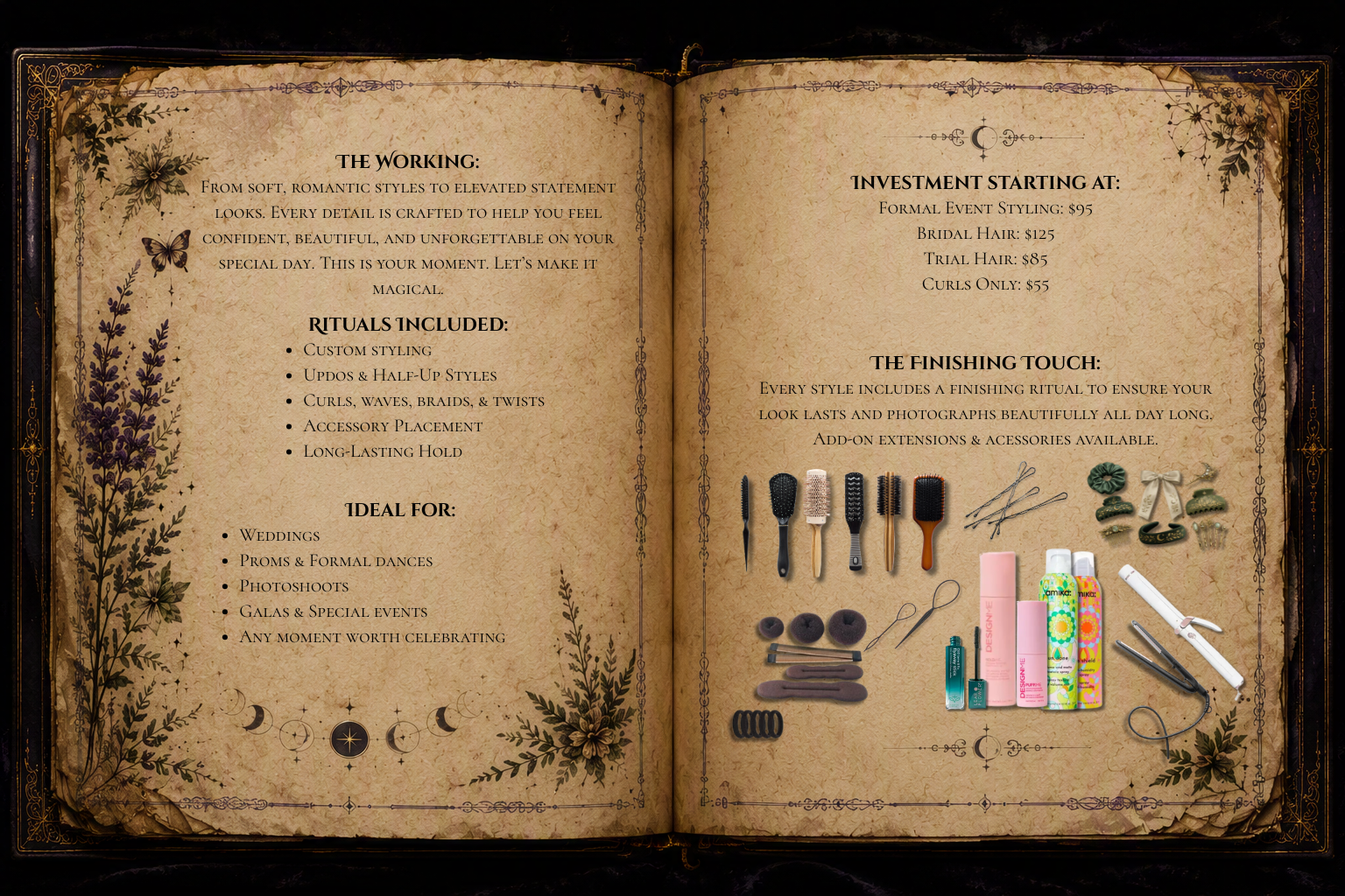 The Crowned One formal occasion styling grimoire page explaining special event hairstyling services, including custom updos, bridal hair, accessory placement, and long-lasting styling for weddings and formal occasions.