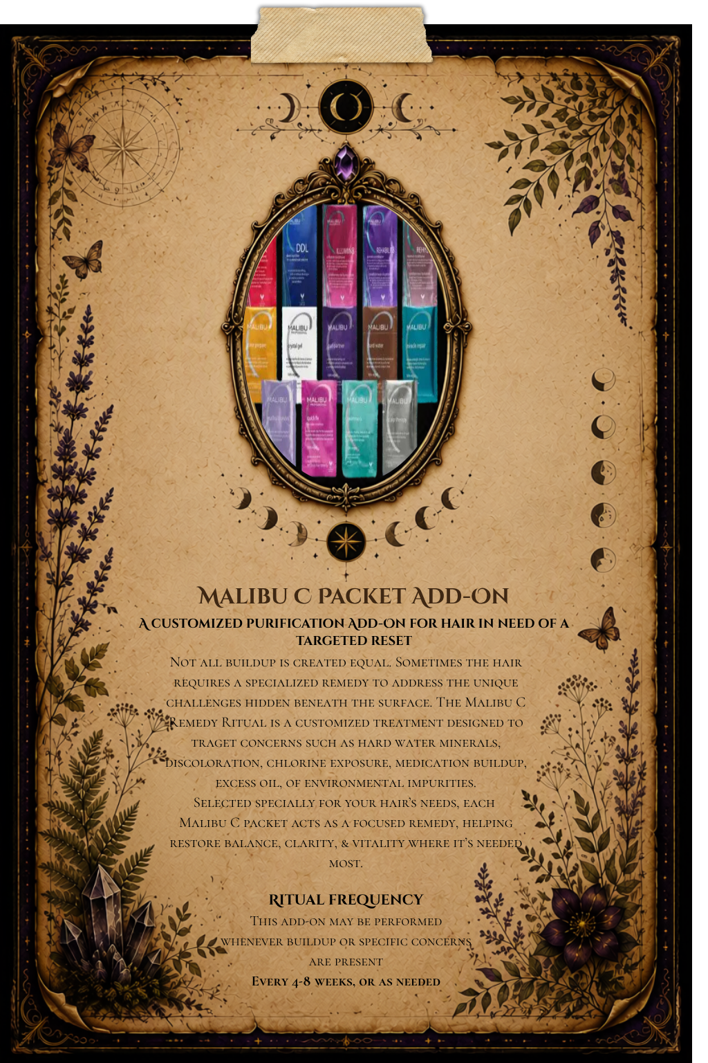 Malibu C Packet Add-On grimoire page explaining targeted hair purification, including buildup removal, customized remedies, hair clarification, and restored shine and vitality.