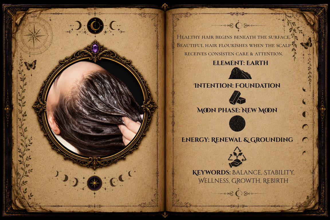 Scalp care aftercare grimoire page explaining scalp health and wellness, including consistent scalp care practices, healthy hair growth foundations, nurturing routines, and supporting a balanced scalp environment for stronger, healthier hair.