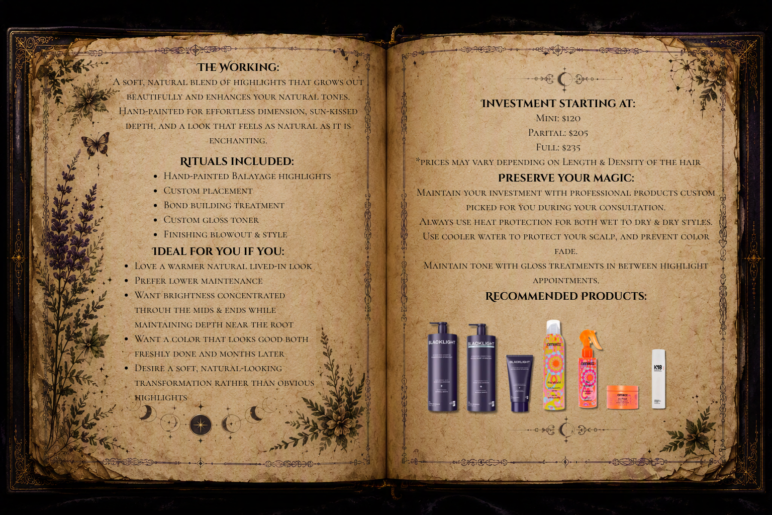 The Woodland Muse lived-in balayage grimoire page explaining hand-painted balayage highlights, including low-maintenance blonding, customized placement, professional home care recommendations, and natural-looking dimensional hair color.