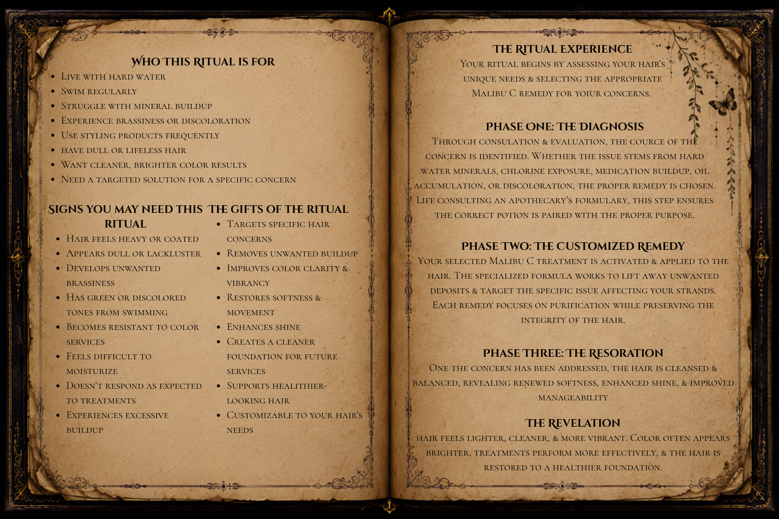 Malibu C Packet Add-On grimoire page explaining buildup and discoloration concerns, including customized remedies, mineral removal, color clarity, and improved hair manageability.