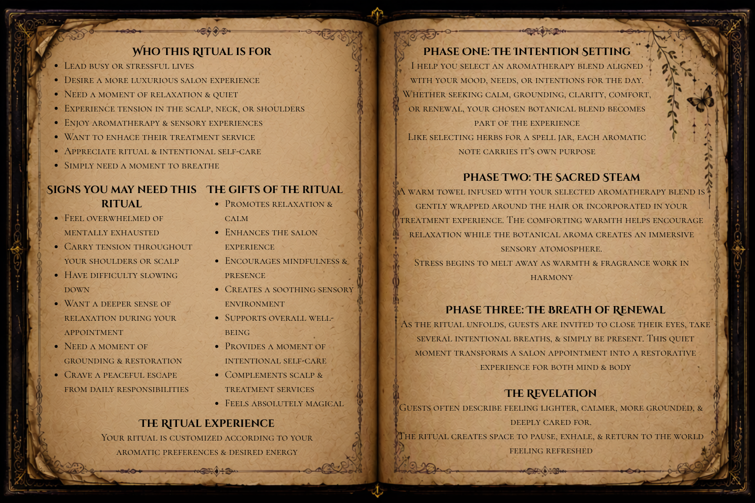 Hot Towel & Aromatherapy Add-On grimoire page explaining relaxation and self-care, including warm towels, aromatherapy, stress relief, and a more restorative salon experience.