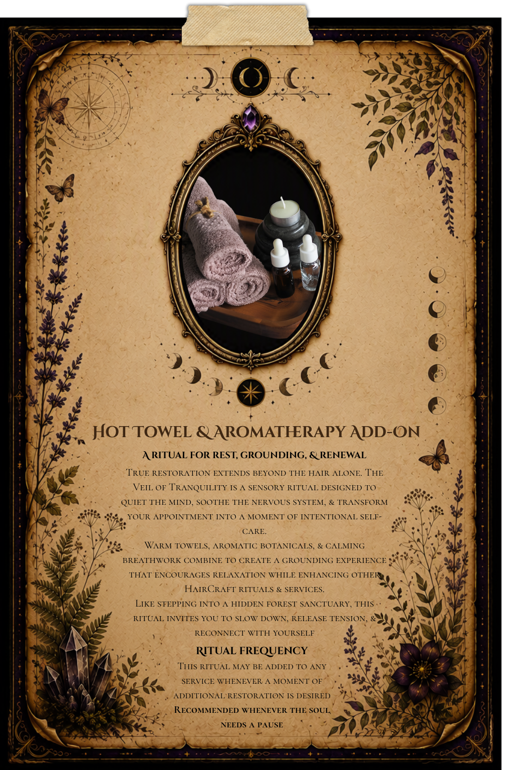 Hot Towel & Aromatherapy Add-On grimoire page explaining aromatherapy and relaxation rituals, including intention setting, warm towel therapy, mindfulness, and stress relief.