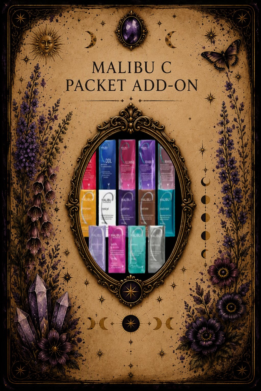 Malibu C Packet Add-On aftercare guide card featuring Malibu C treatment packets, customized hair wellness and targeted hair care education, crystal accents, botanical elements, and ornate tarot-inspired artwork.
