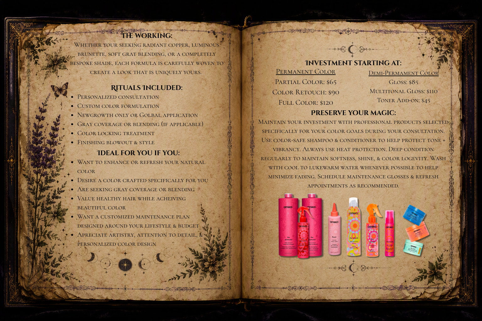 The Color Weaver custom hair color grimoire page explaining personalized hair color services, including custom color formulation, gray coverage and blending, color maintenance guidance, and long-lasting professional hair color results.