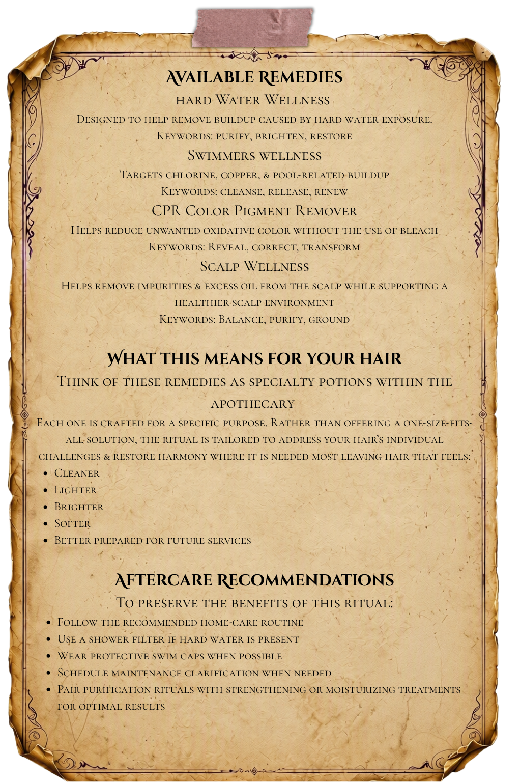 Malibu C Remedy alchemy notes covering customizable clarifying remedies, buildup removal solutions, home care guidance, and improved hair clarity, softness, and color readiness.
