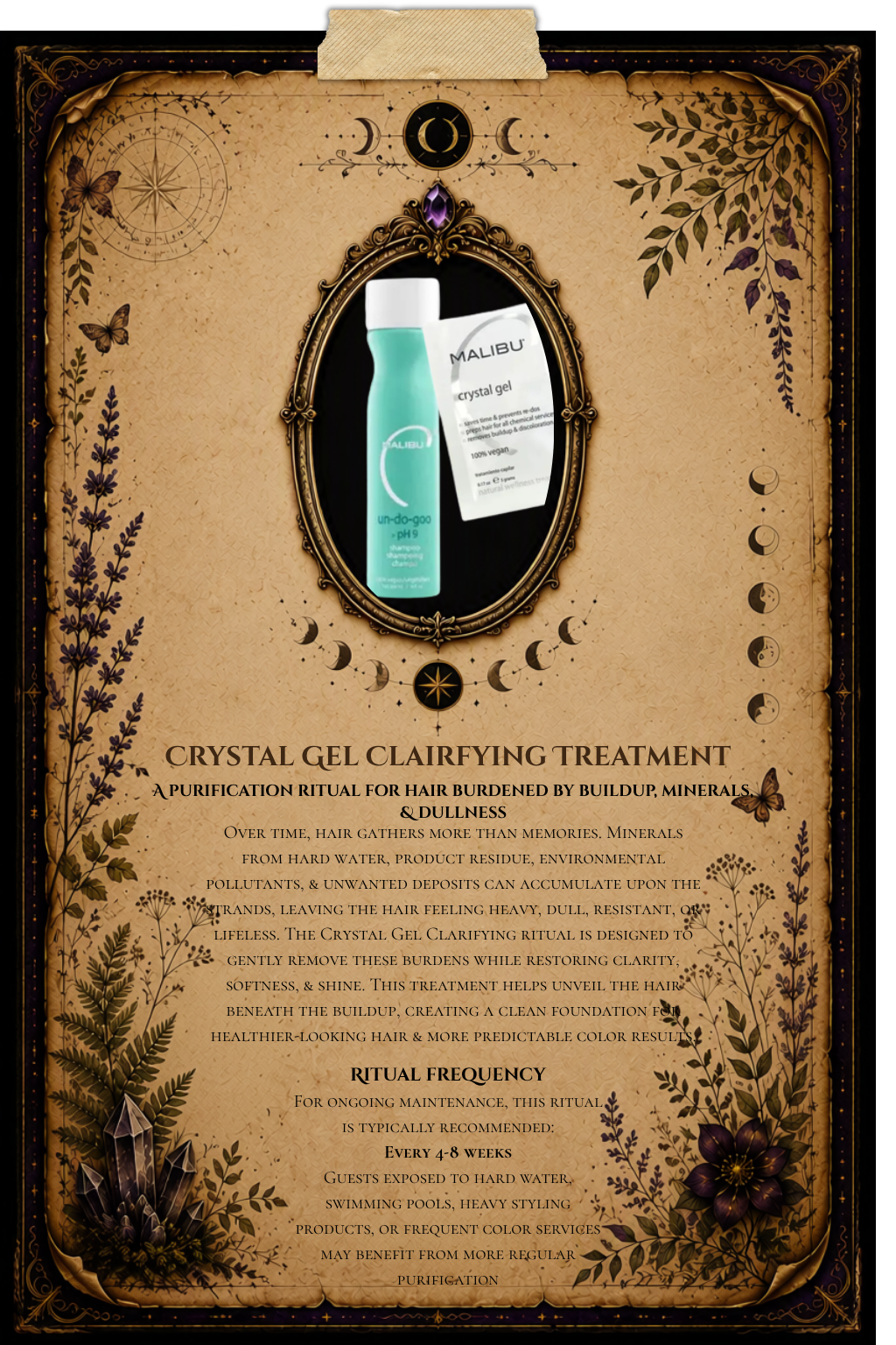 Crystal Gel Clarifying Treatment grimoire page explaining buildup removal and hair purification, including hard water minerals, product residue, shine restoration, and healthier-looking hair.