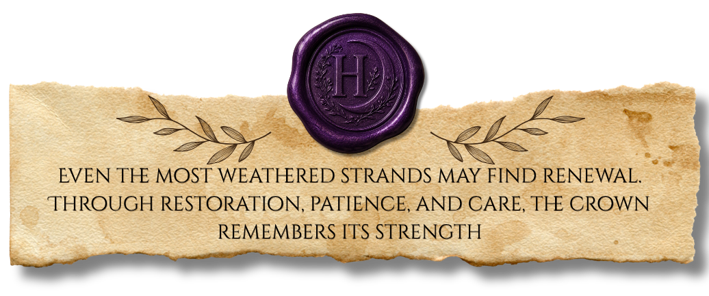 HairCraft K18 Pro Peptide Treatment wax seal graphic featuring a restoration-themed reflection, "Even the most weathered strands may find renewal. Through restoration, patience, and care, the crown remembers its strength."