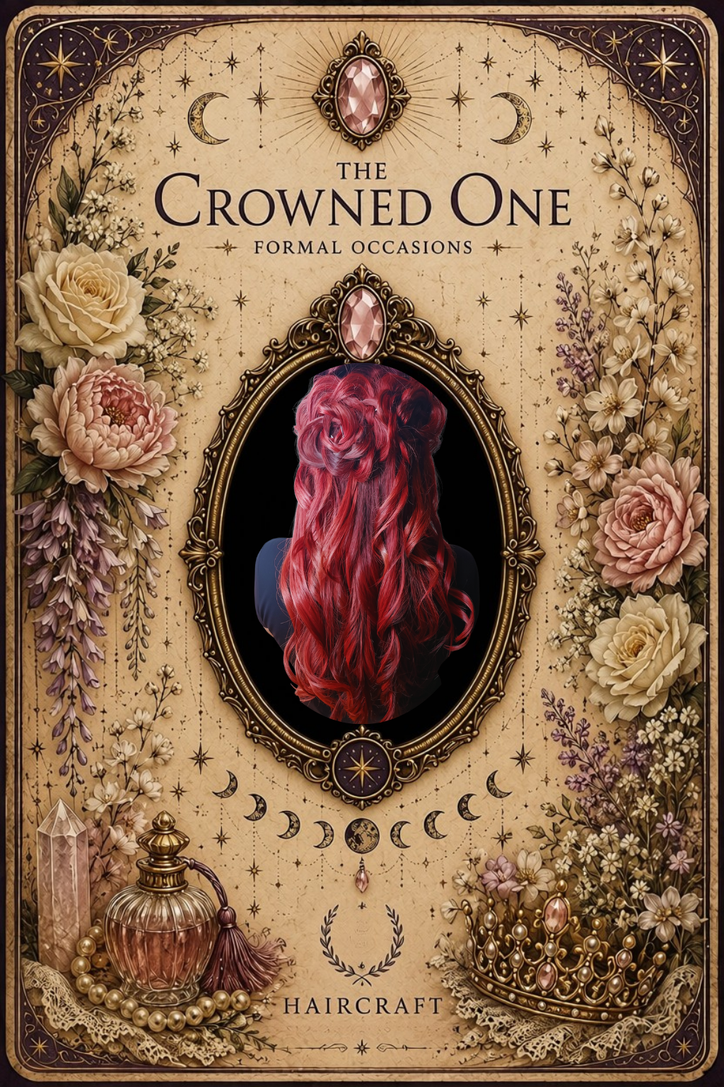 The Crowned One formal occasion styling service card featuring an elegant half-up hairstyle, floral details, crystal accents, and ornate tarot-inspired artwork.