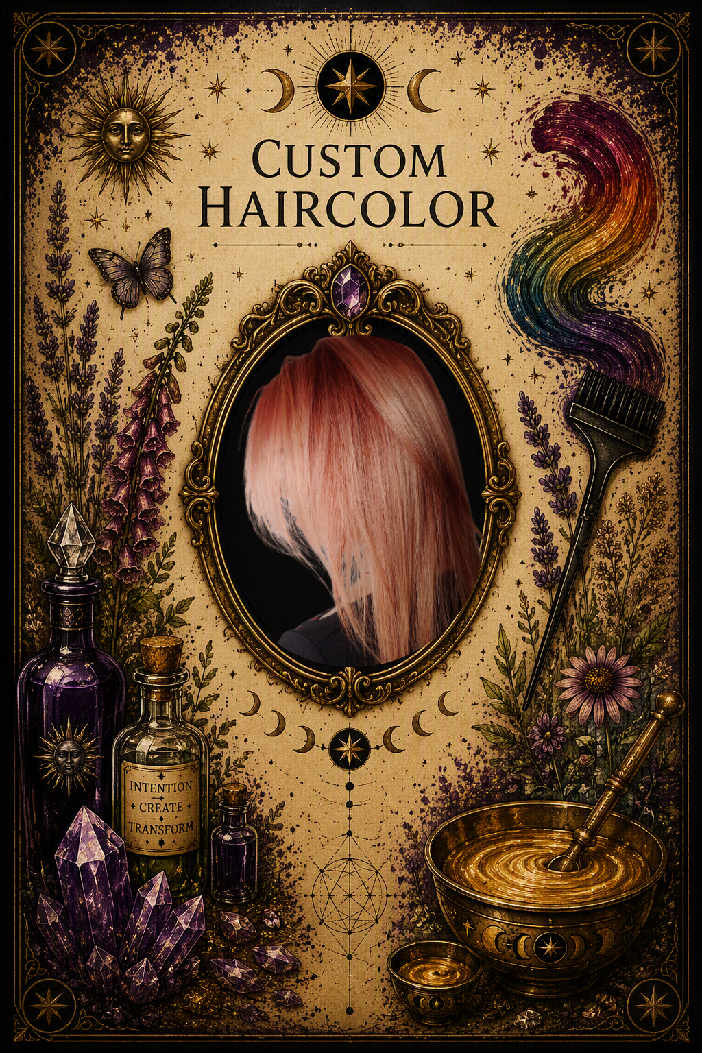 The Color Weaver custom hair color service card featuring customized hair color, crystal accents, botanical elements, and ornate tarot-inspired artwork.