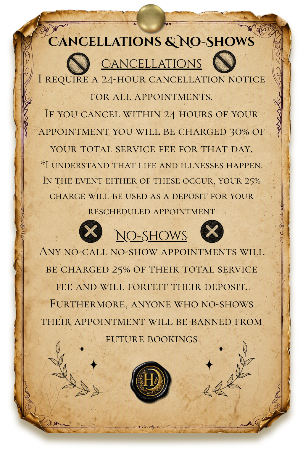 HairCraft cancellations and no-shows policy outlining cancellation deadlines, no-show fees, deposit forfeiture, and booking restrictions.