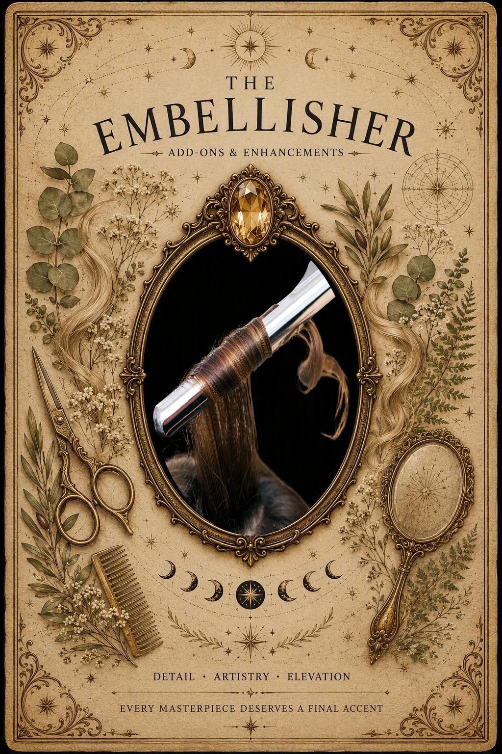 The Embellisher add-ons and enhancements service card featuring a curling iron styling upgrade, beauty tools, botanical elements, and ornate tarot-inspired artwork.