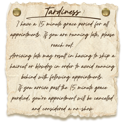 HairCraft tardiness policy outlining appointment grace periods, late arrival expectations, and cancellation procedures.