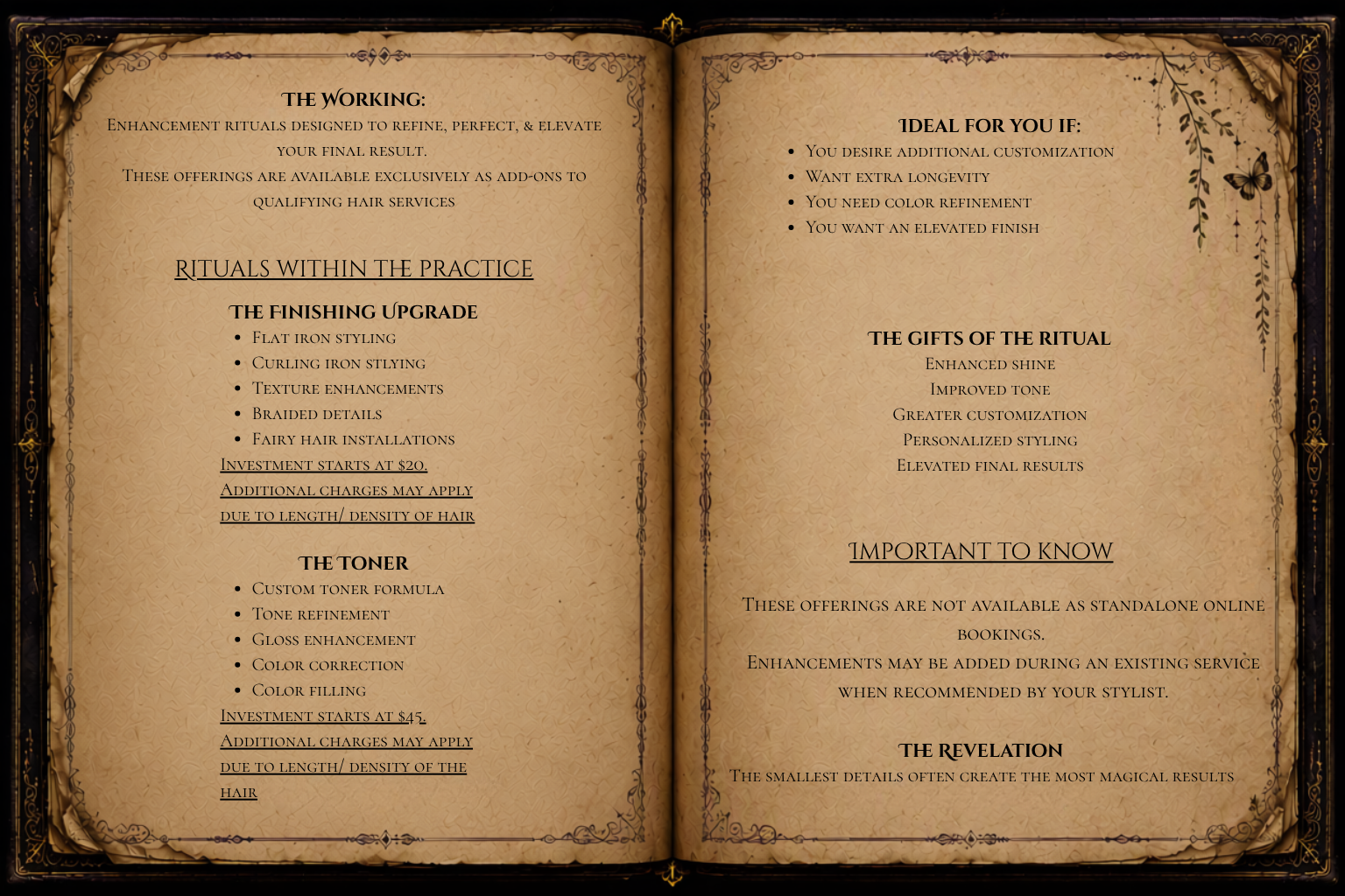 The Embellisher add-on services grimoire page explaining hair service enhancements, including custom toner services, finishing upgrades, styling refinements, and personalized options to elevate and customize the final result.