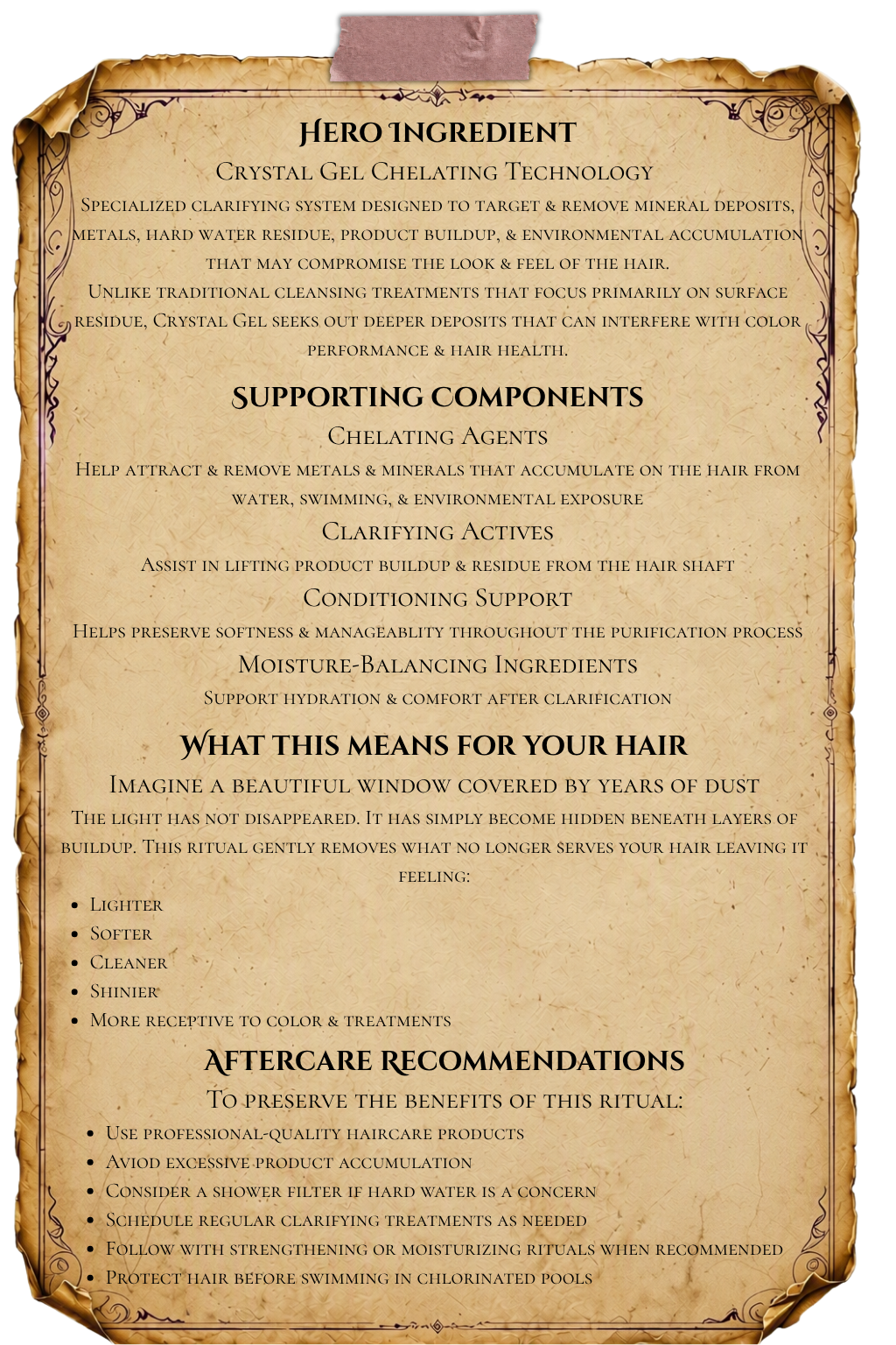 Crystal Gel Clarifying Treatment alchemy notes explaining chelating technology, mineral and product buildup removal, clarifying benefits, aftercare recommendations, and cleaner, shinier hair results.