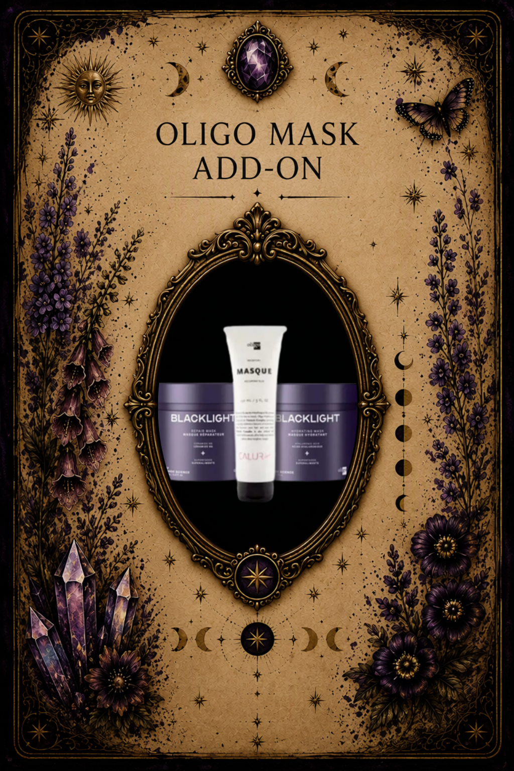 Oligo Mask Add-On aftercare guide card featuring professional deep conditioning hair masks, hydration and hair repair treatment education, crystal accents, botanical elements, and ornate tarot-inspired artwork.