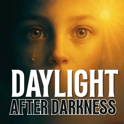 Close-up of a woman's face with sunlight on one side and a tear under her eye, with the title "Daylight After Darkness" in bold white and black letters.