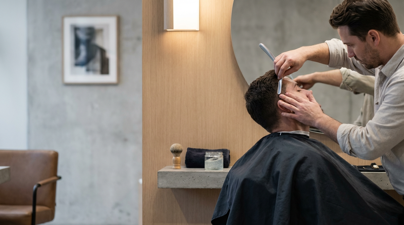 Barber trimming a man's hair at a salon with a mirror, chair, and grooming tools visible.