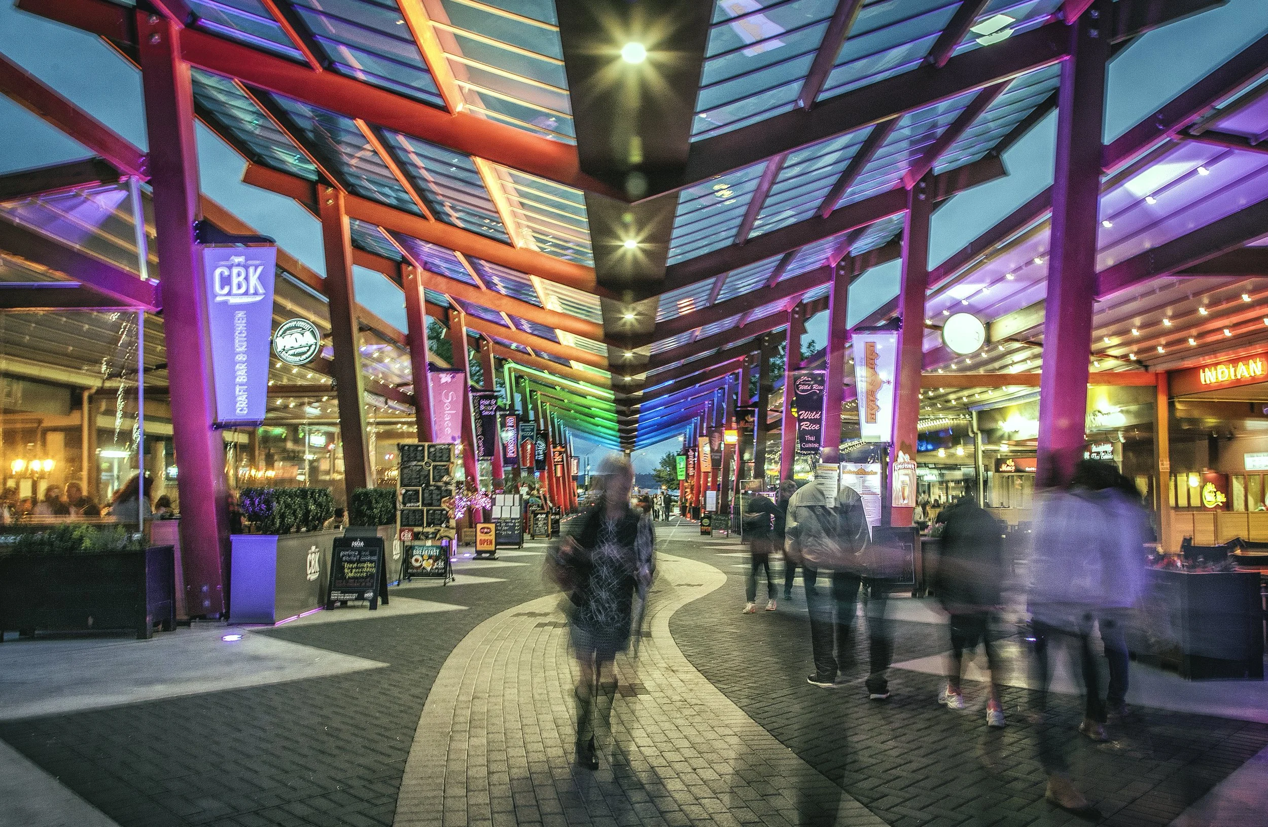 Eat Streat dining precinct in Rotorua at night.