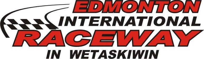 Logo for Edmonton International Raceway in Wetaskiwin, with stylized racing flag and text.