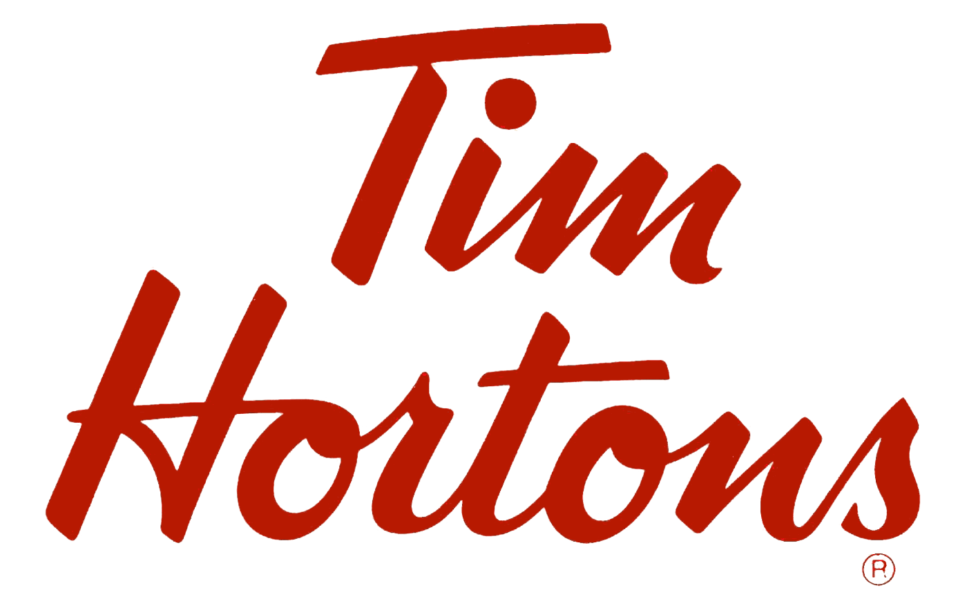 Red cursive text on black background reads "Tim Hortons" with a small registered trademark symbol in the bottom right corner.