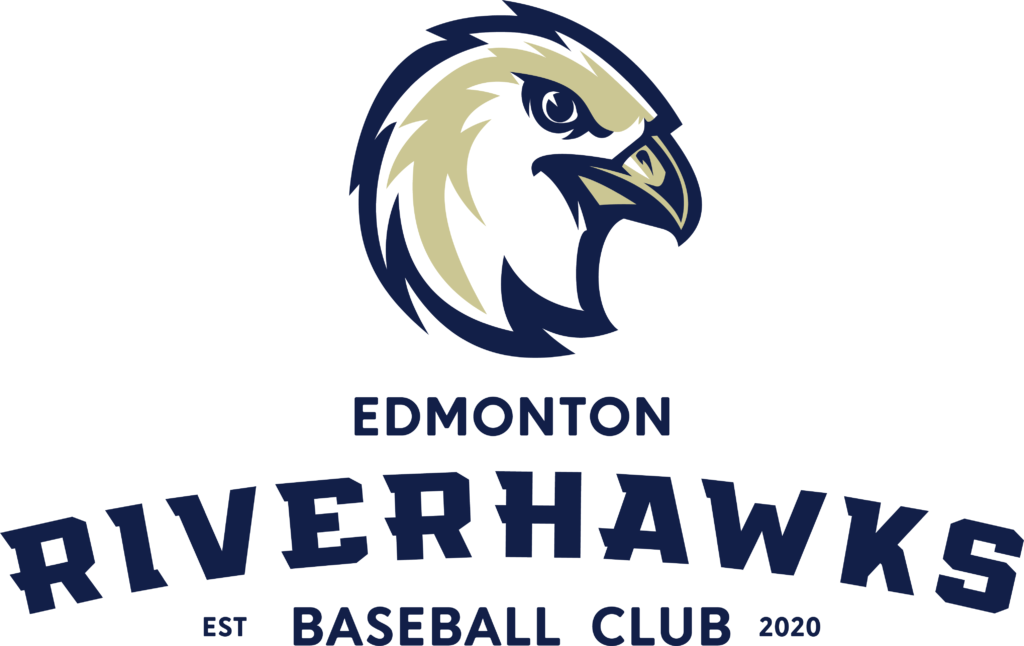 Logo of the Edmonton Riverhawks baseball team featuring a hawk's head and the team name.