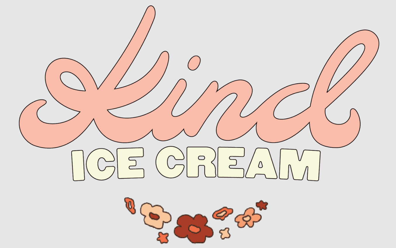 Decorative sign with the words 'Kind' in pink cursive and 'Ice Cream' in light yellow block letters, decorated with small flower illustrations at the bottom, on a light gray background.