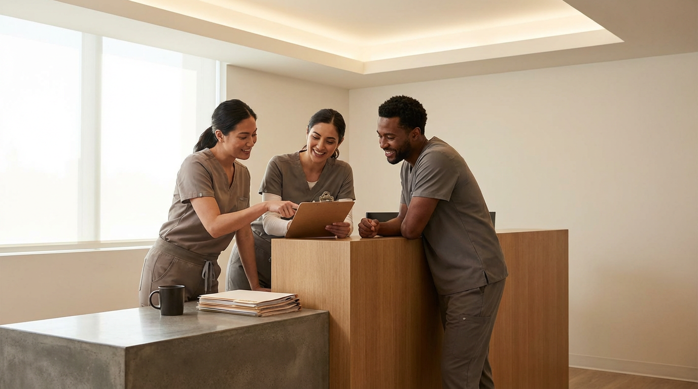 Three medical professionals, two women and one man, are standing at a reception desk and looking at a clipboard, smiling and talking in a well-lit, clean office or clinic.