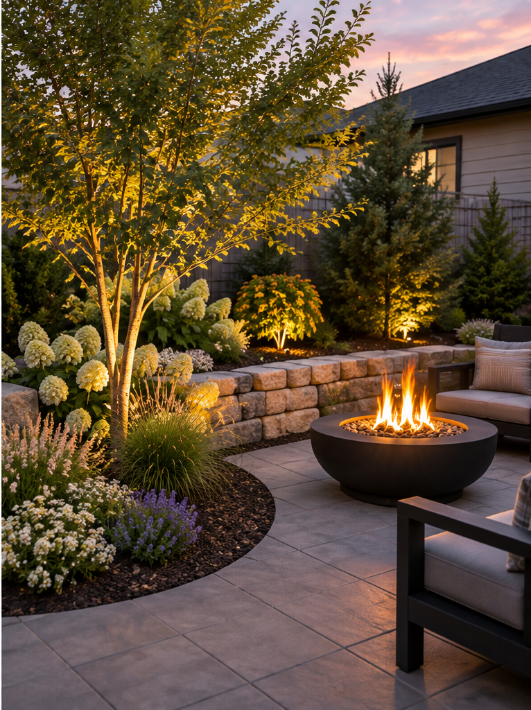 A backyard patio at sunset with a fire pit, outdoor seating, and landscaped garden with trees and flowers.