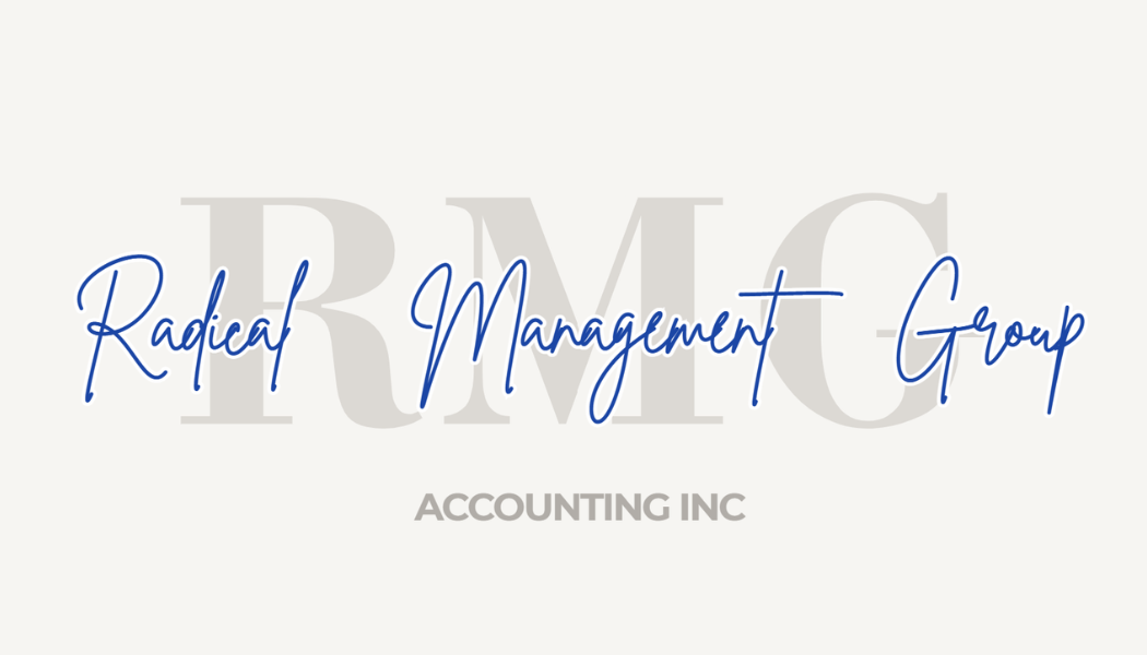 Logo for Radical Management Group Accounting Inc with large gray initials RMG and blue cursive text.