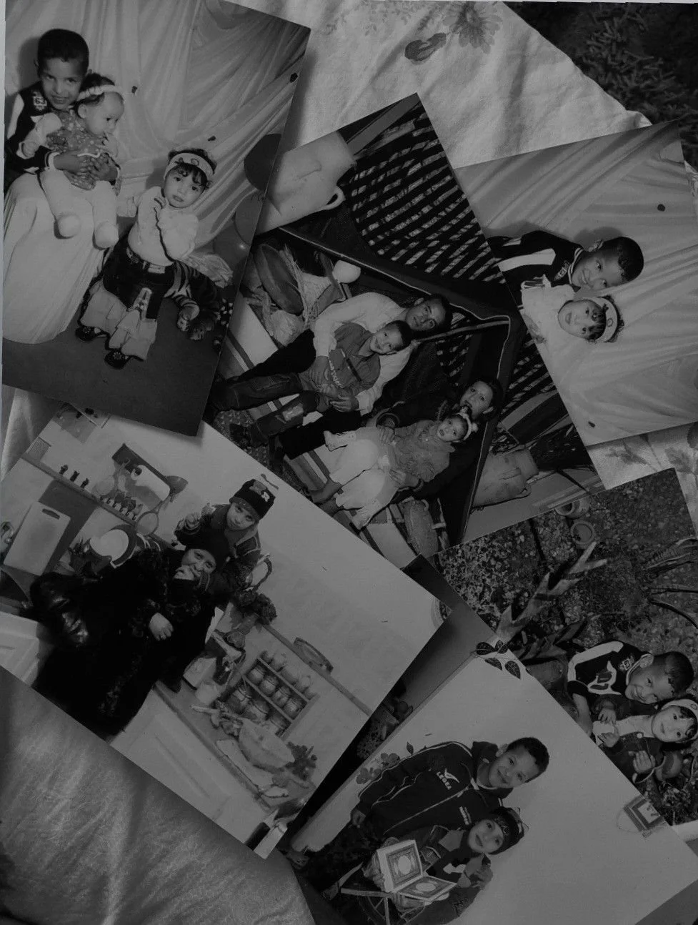 Collection of black and white photographs showing children and families in various settings.
