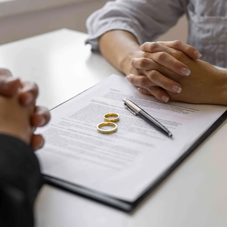 Two wedding rings on a legal document with a pen, with people holding hands in the background.