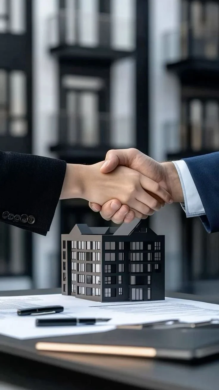 Two people shaking hands over a table with a small architectural model of a building, in a professional setting.