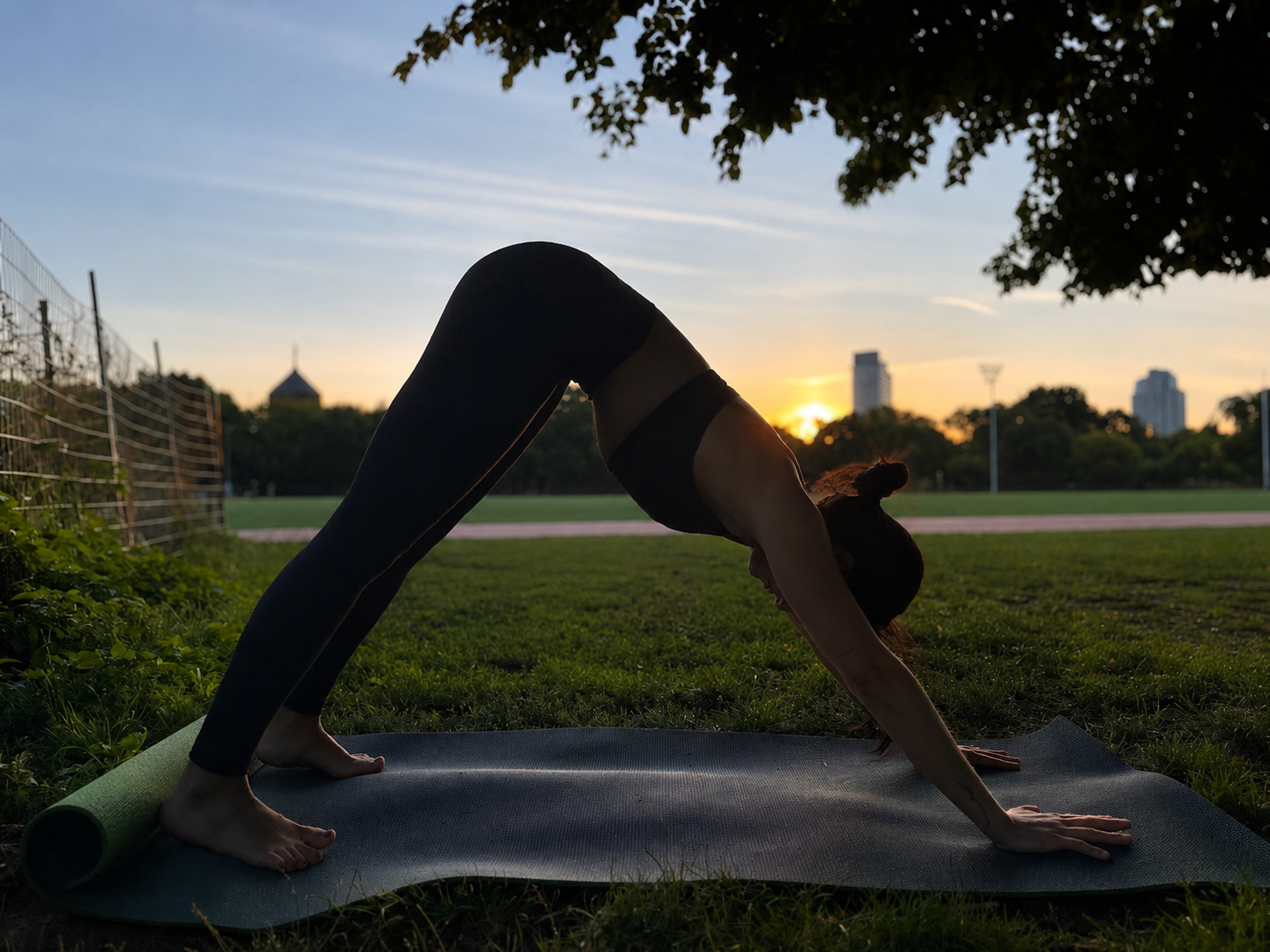 A person practicing yoga outdoors at sunset, in the downward dog pose on a yoga mat.