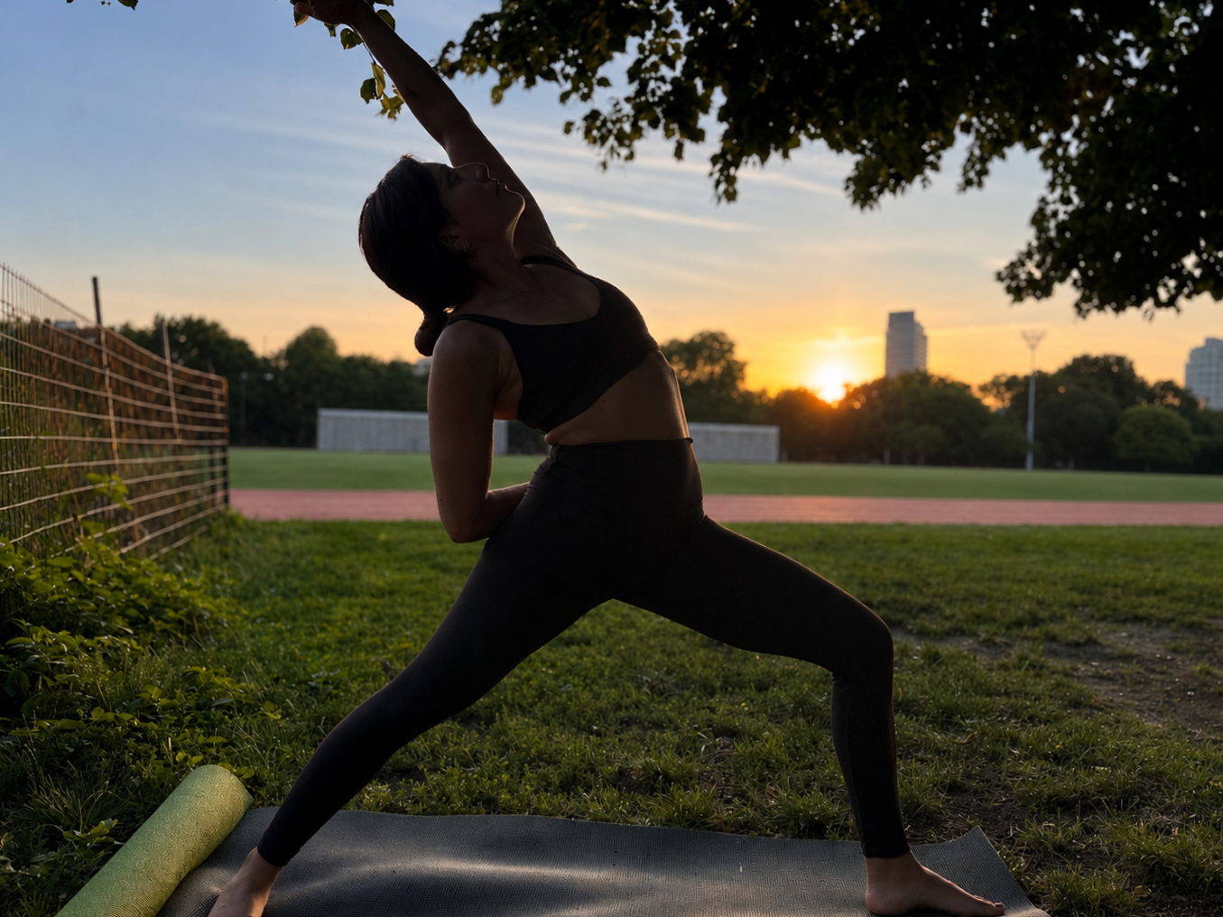 A woman practicing yoga outdoors at sunset, in the peaceful warrior pose on a yoga mat in a park with trees and a running track.