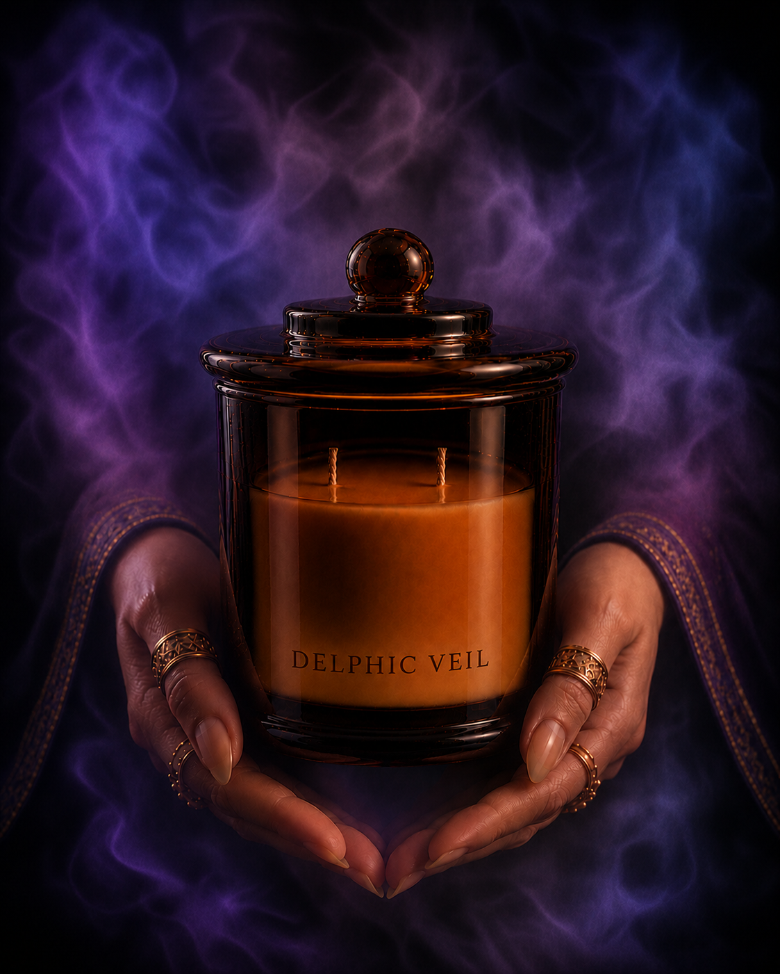 Delphic Veil amber glass candle cradled in ornate hands, framed by flowing purple fabric and dramatic low lighting