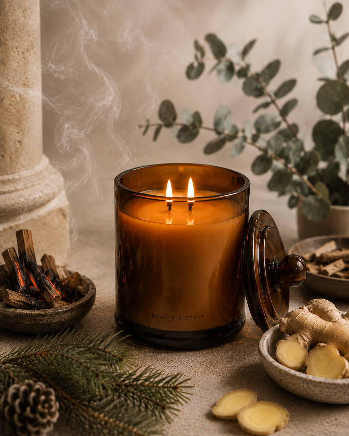 Temple Embers amber glass candle burning beside a bowl of smouldering wood, drifting smoke, evergreen branches, eucalyptus and fresh ginger, with the candle lid resting beside it