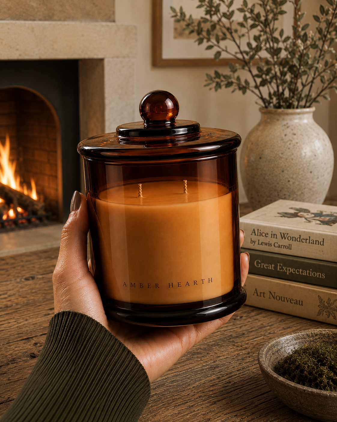 Amber Hearth amber glass candle held in a woman’s hand beside a glowing fireplace, with vintage books, botanical foliage and moss on a rustic wooden table