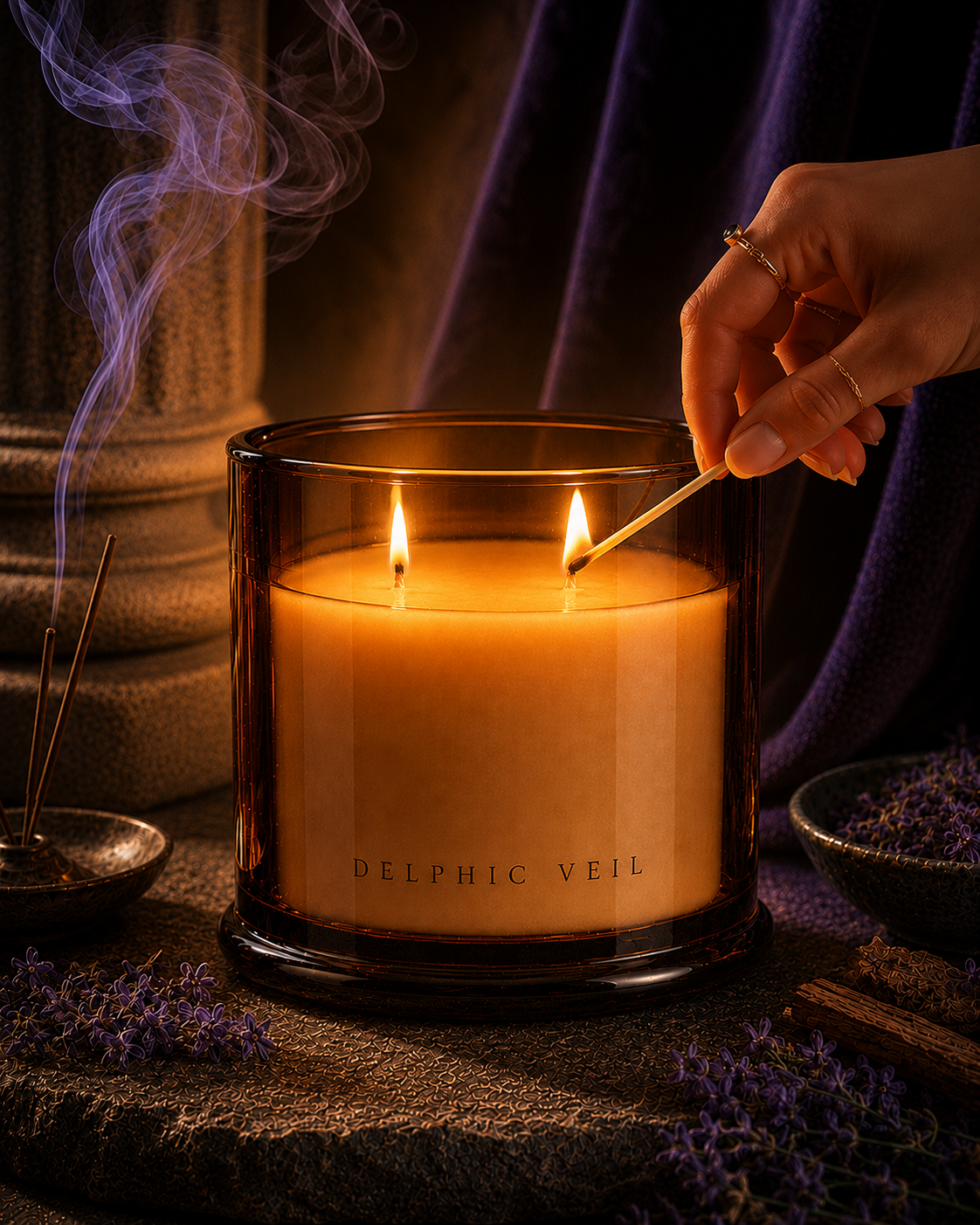 Delphic Veil amber glass candle being lit by hand, with two glowing wicks, incense sticks, drifting smoke, purple flowers and rich violet fabric