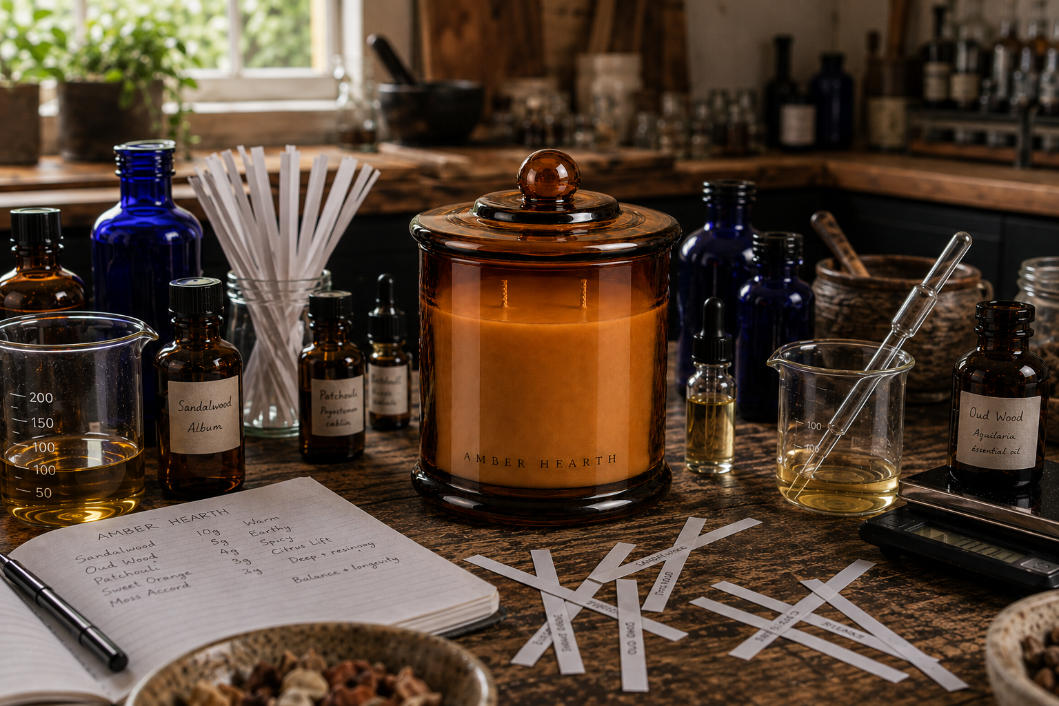A workspace with essential oils, dropper bottles, papers, and a lit amber candle on a wooden surface, with a window in the background.