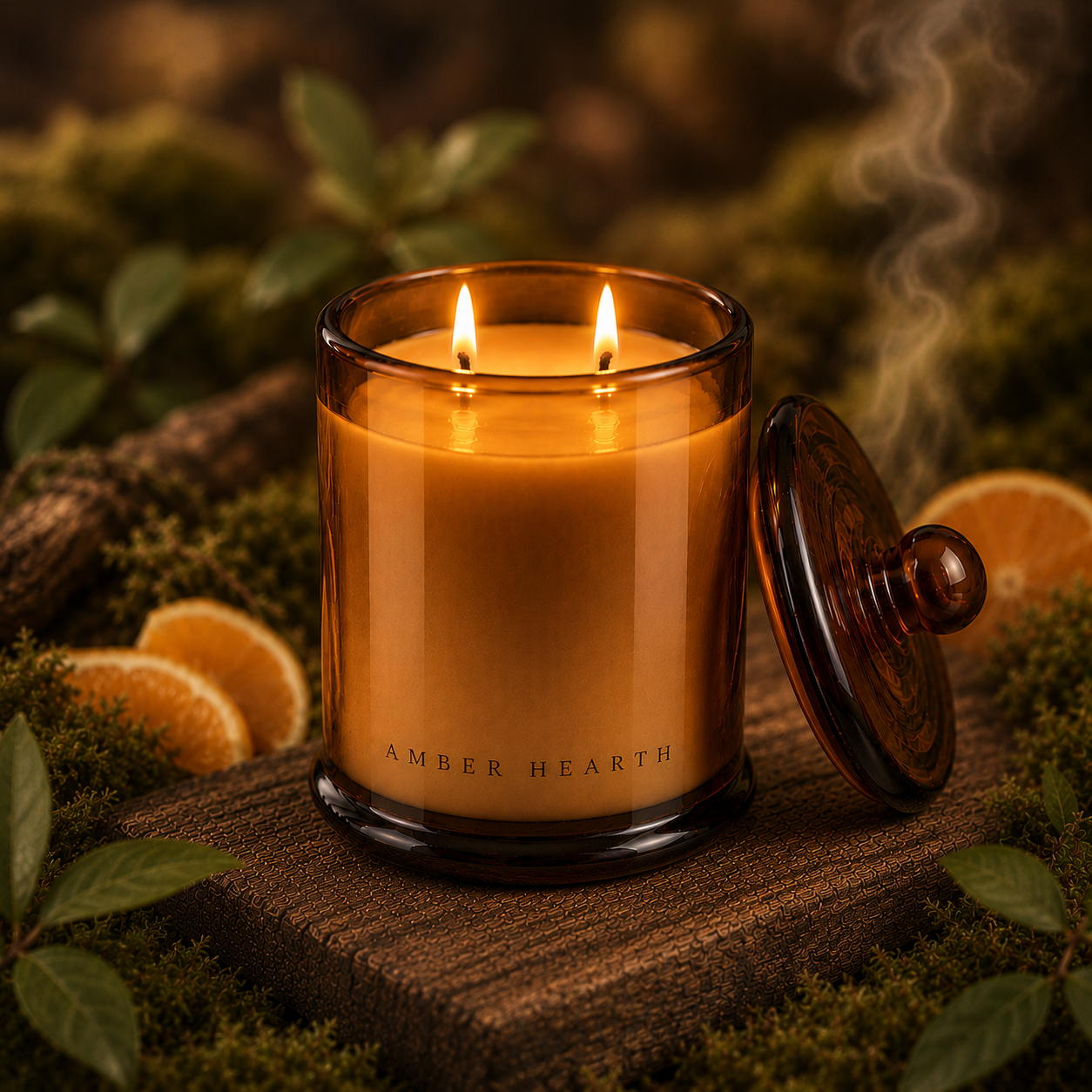 Amber Hearth amber glass candle glowing among moss, woodland greenery and orange slices, with its lid beside the candle and smoke rising behind