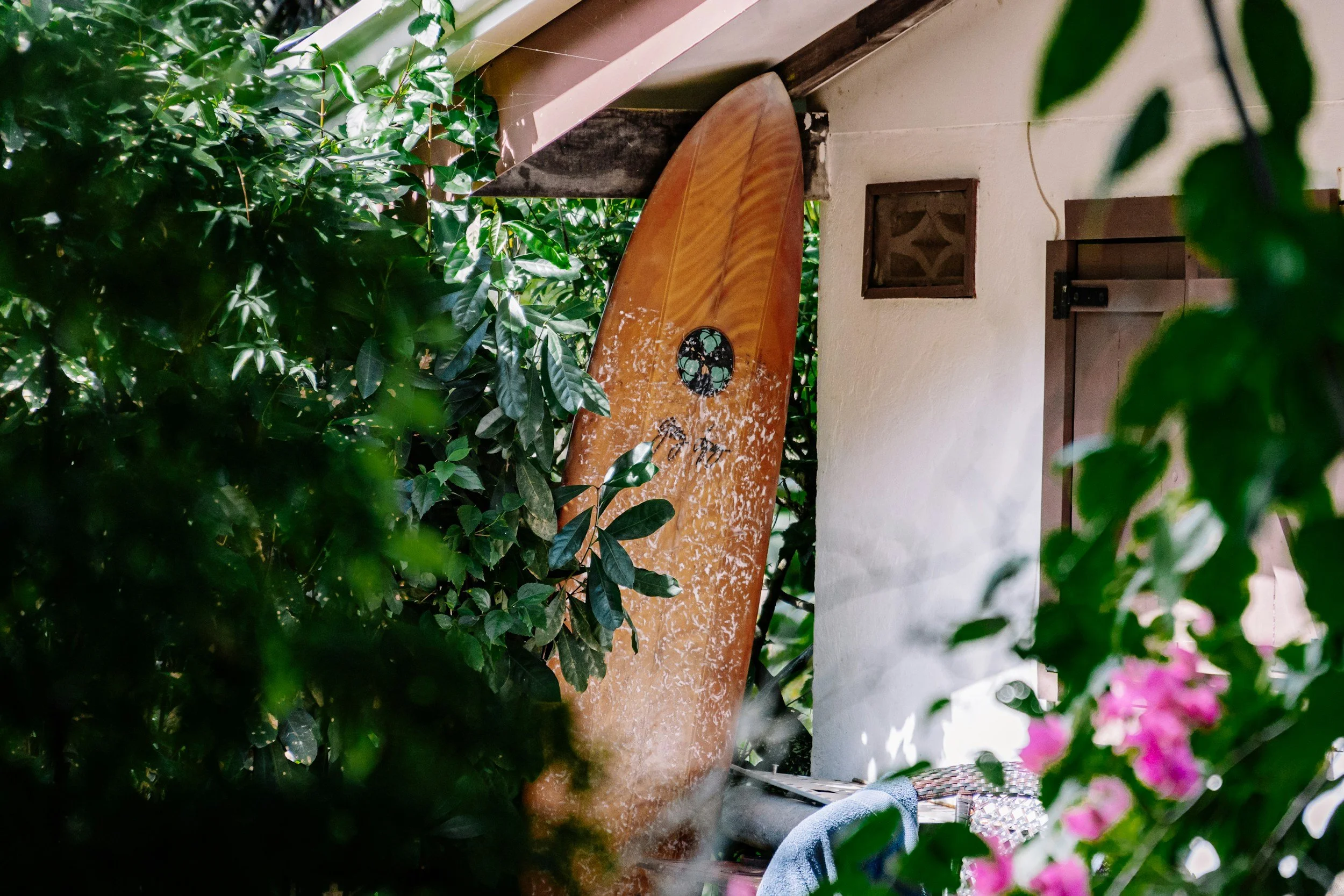 A glimpse of a porch area with green leafy plants and pink flowers in the foreground. A surfboard with a floral design is leaning against the wall near a small window. Part of a towel and a pair of shoes are visible on the porch.