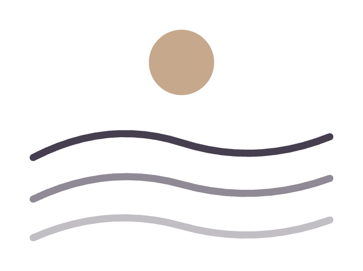 Minimalist illustration of a full moon or sun above three wavy lines representing water or waves.