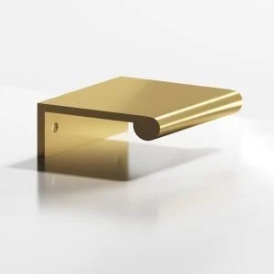 A gold-colored wall-mounted side table with a rounded edge, set against a white background.