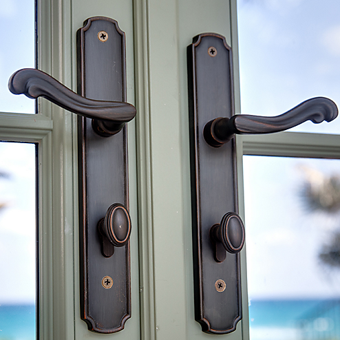 Close-up of black door handles and lock plates on a glass door, with a sky and trees visible outside.